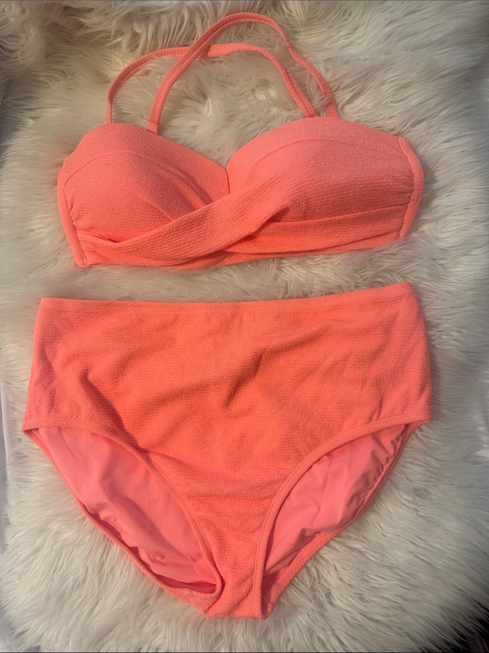 LOFT Coral Textured Bikini Set L High Waist